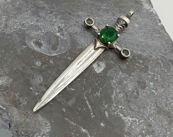 Sterling Silver Emerald Sword Pendant - Handmade Unisex Necklace