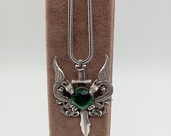 925 Sterling Silver Double Dragon Figured Green Emerald Stone Necklace, Women's Silver Emerald Necklace, Anniversary Gift,Gift For Wife