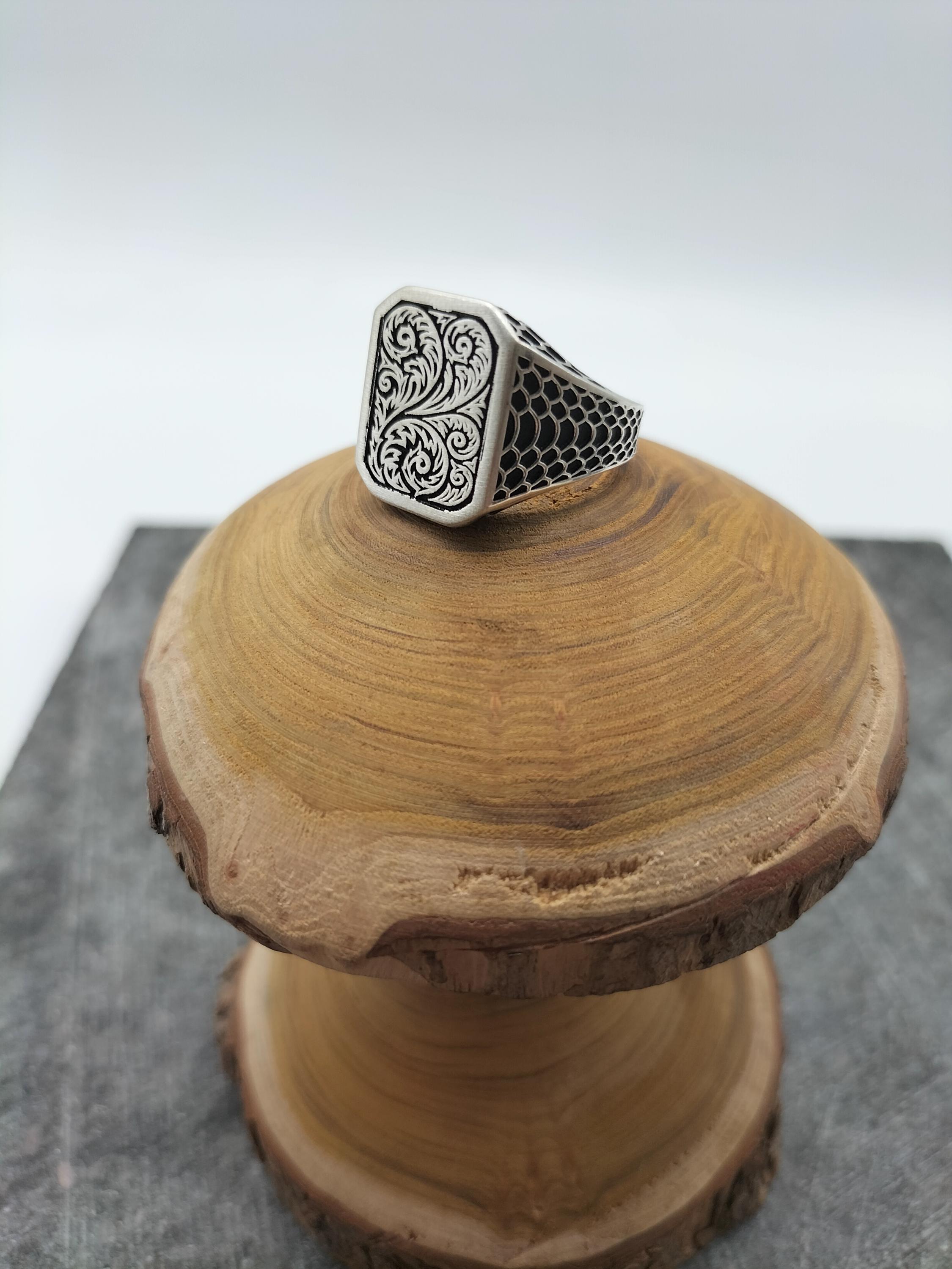 925 Sterling Silver Square Engraved Men's Ring, Handmade Silver