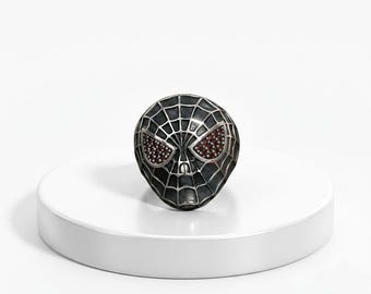 925 sterlingsilverring för män, gotisk superhjältemaskring, vintage smycken i oxiderat silver, spindelnätsnördgåva