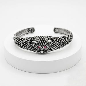 925 Sterling Silver Owl Cuff Bracelet with Ruby Red Gemstone Eyes - Unisex Adjustable Bracelet