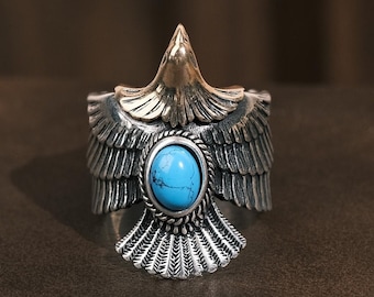 Turquoise Eagle 925 Sterling Silver Ring - Handmade Adjustable Unisex Jewelry