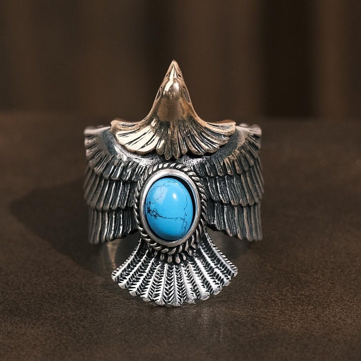 Solid 925 Sterling Silver Eagle Figure Ring With Oval Turquoise Stone - Men's Size 9.5 - View #7