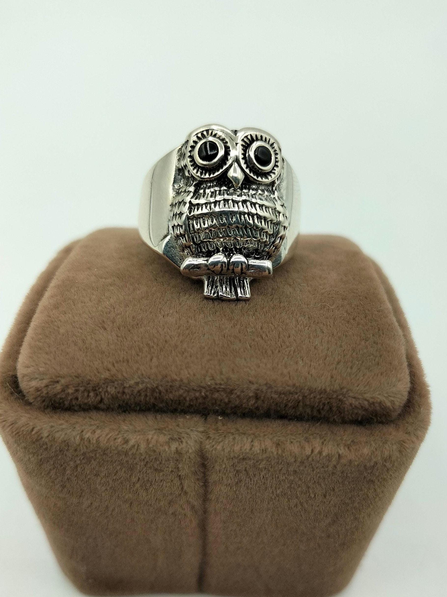 Handmade Sterling Silver Owl Ring - Customizable Men's Statement Ring