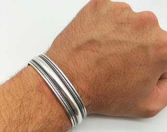 手作りメンズシルバーブレスレット、925スターリングシルバー調節可能 