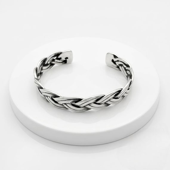 Silver Braided Cuff Bracelet for Men, Mens Woven Sterling Silver