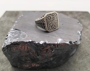 925 Sterling Silver Square Engraved Men's Ring, Handmade Silver