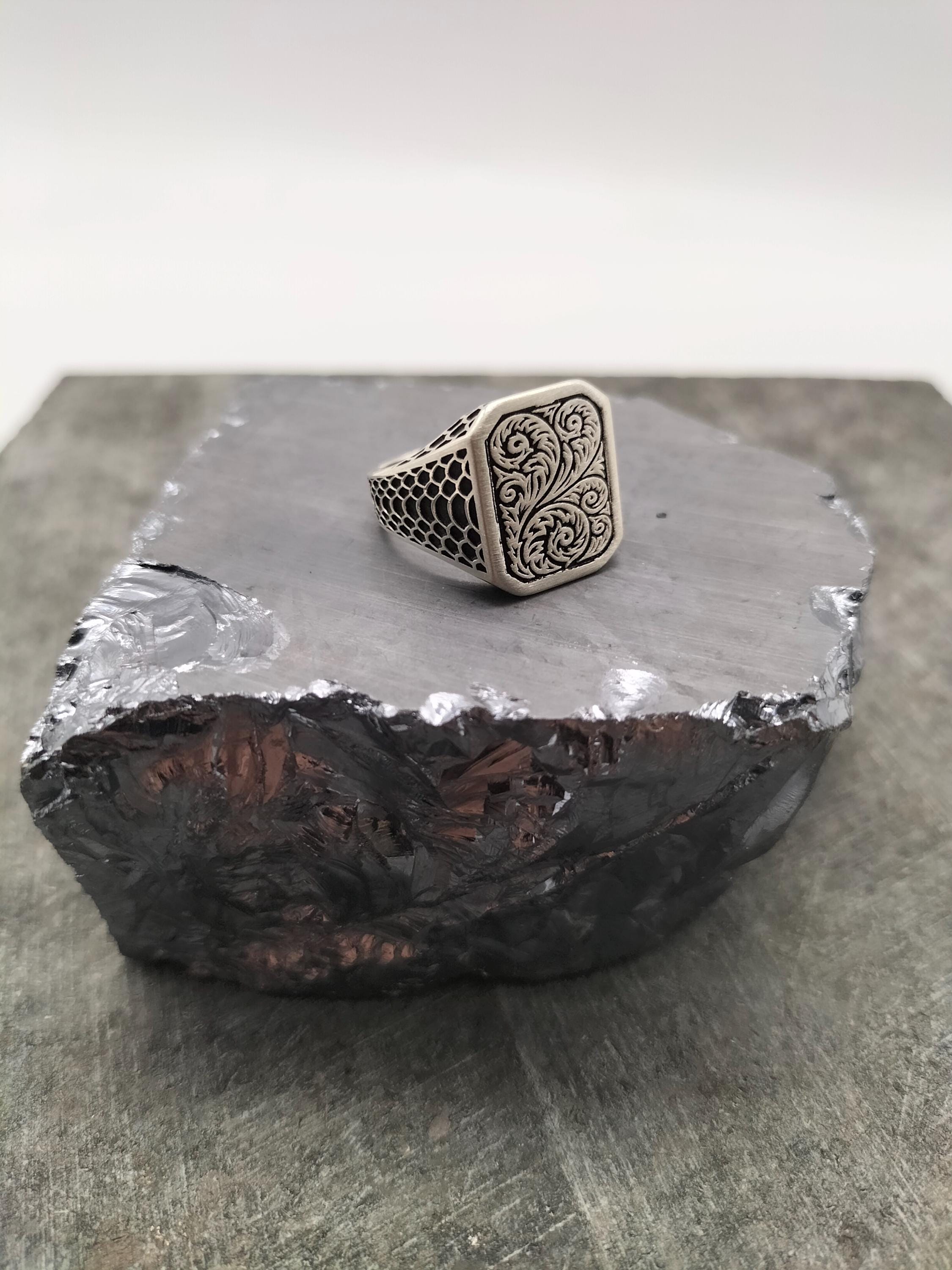 925 Sterling Silver Square Engraved Men's Ring, Handmade Silver