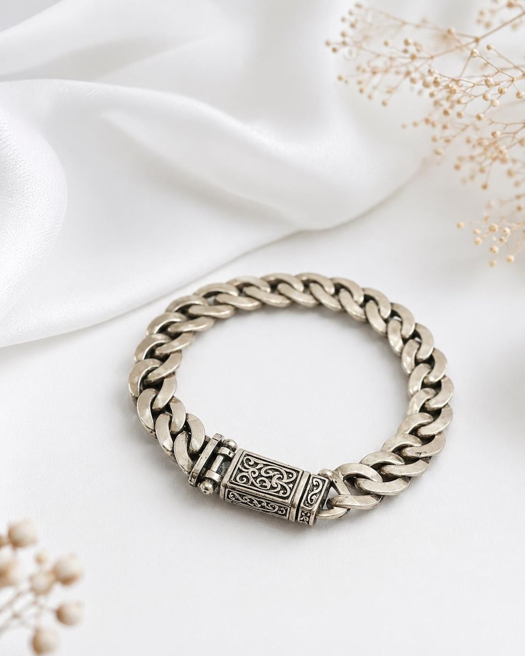 Silver Chain Bracelet for Men, Chunky Curb Link Bracelet, Handmade