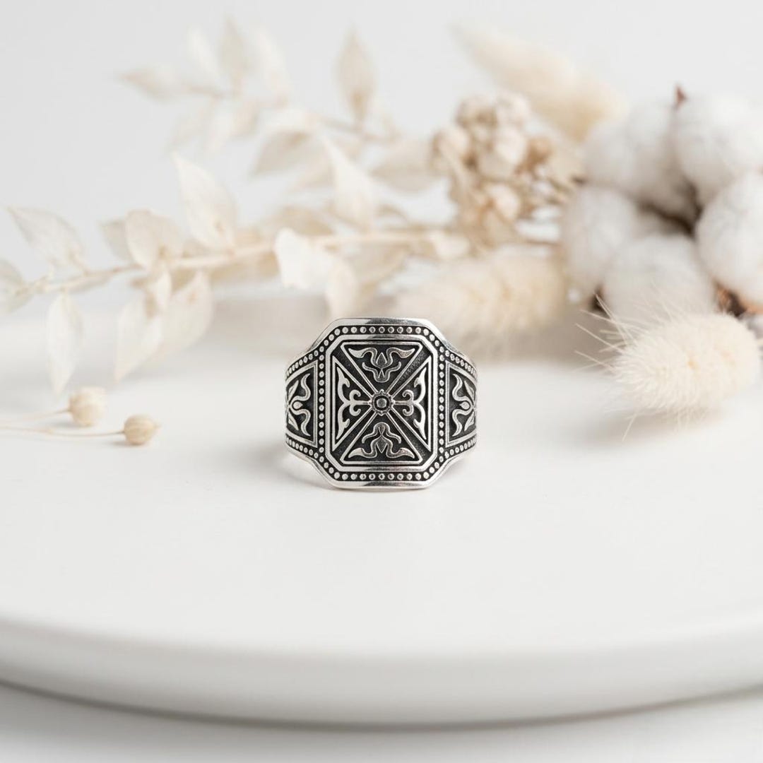 Sterling Silver Signet Ring for Men, Vintage Engraved Square Ring