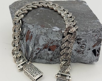 Handmade Embroidered Men&#39;s Silver Bracelet,925 Sterling Silver Bracelet, Oxidized Silver Chain Bracelet,Elegant Silver Bracelet, Gift İdea