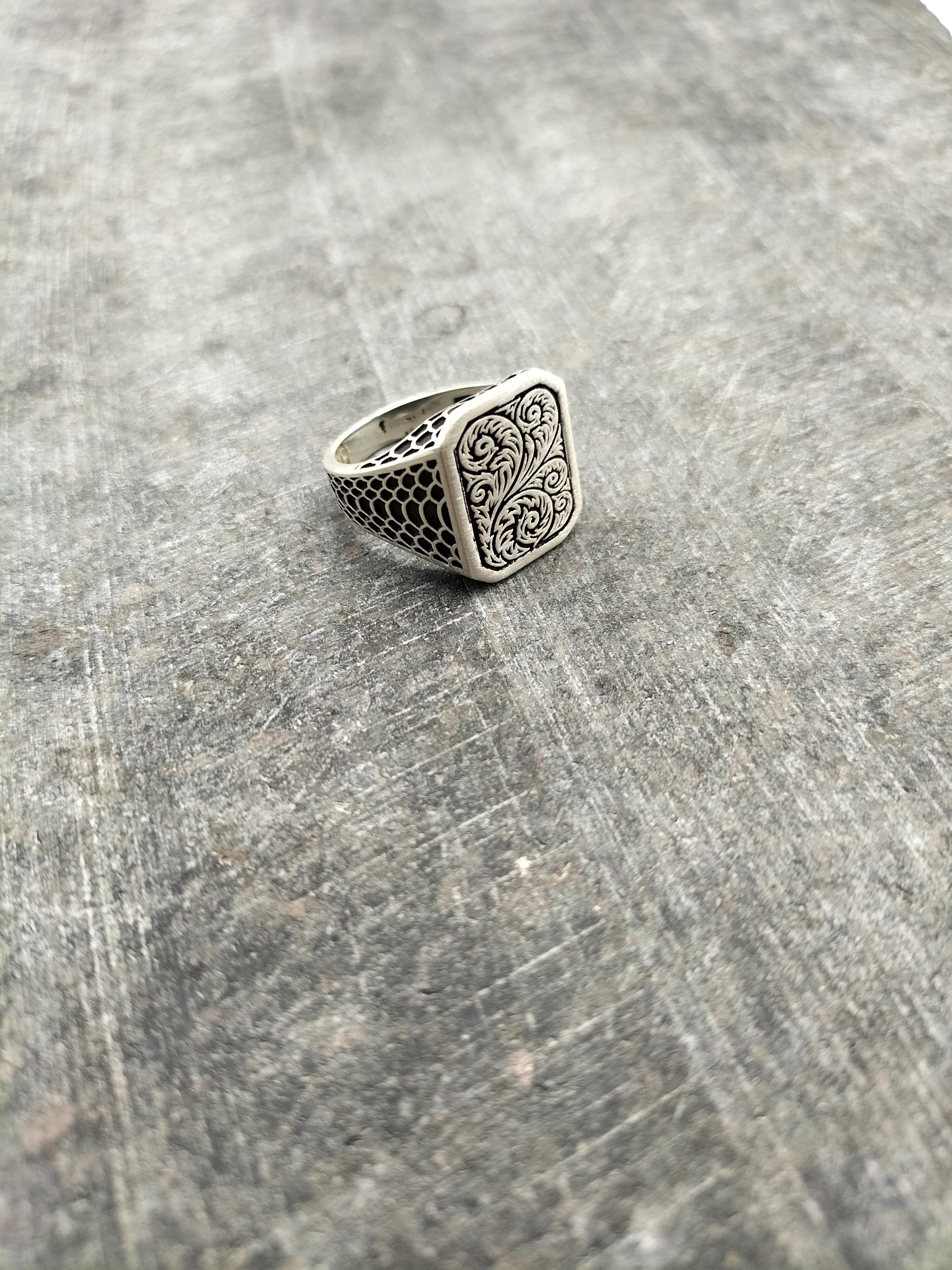 925 Sterling Silver Square Engraved Men's Ring, Handmade Silver