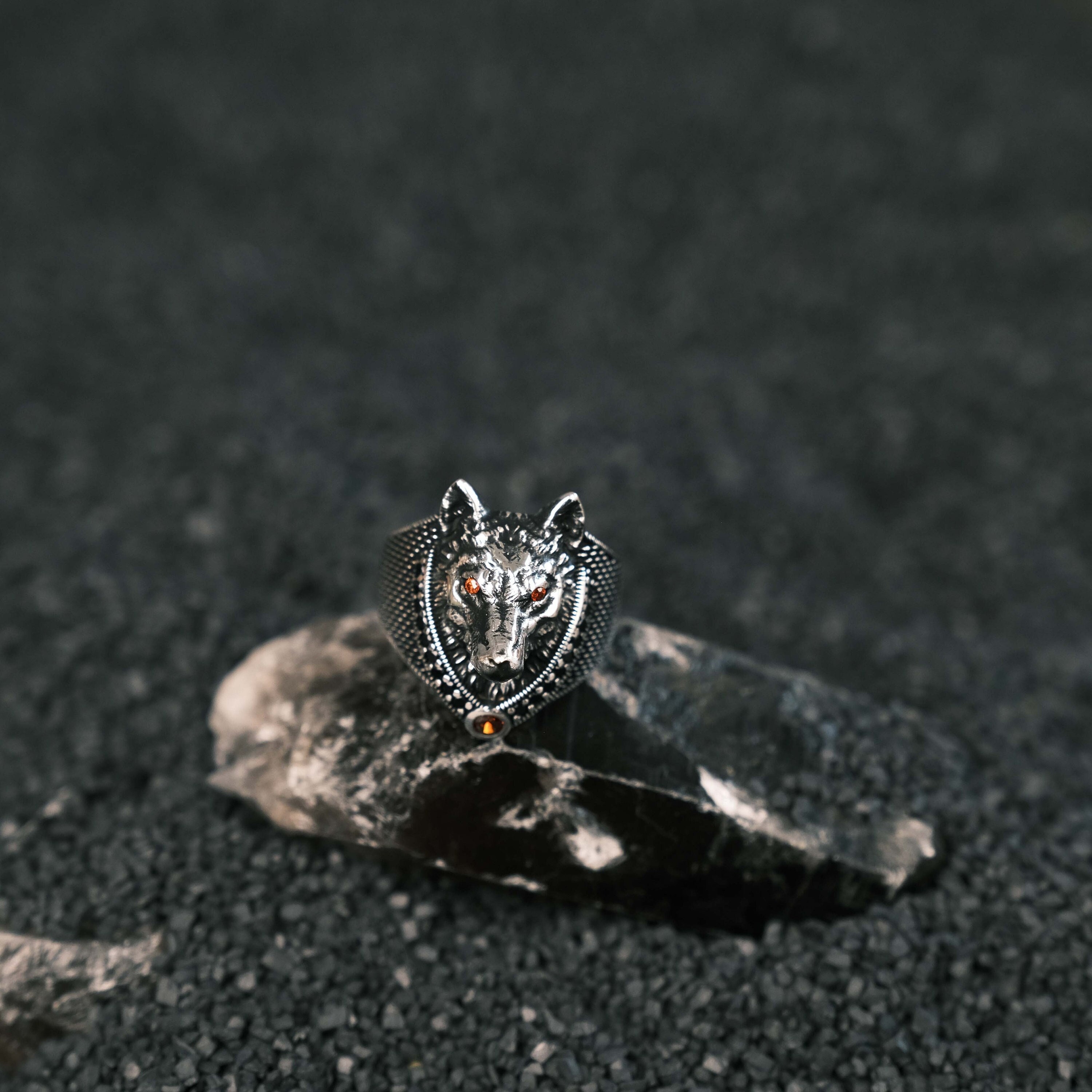 Sterling Silver Wolf Ring: Black Zircon Stone, Handmade Mens Ring