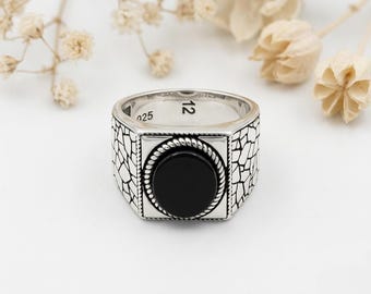 925 Sterling Silver Black Onyx Stone Men's Ring, Personalizable Silver Ring, Birthday Gift Silver Ring, Self Gift, Solid Silver Ring