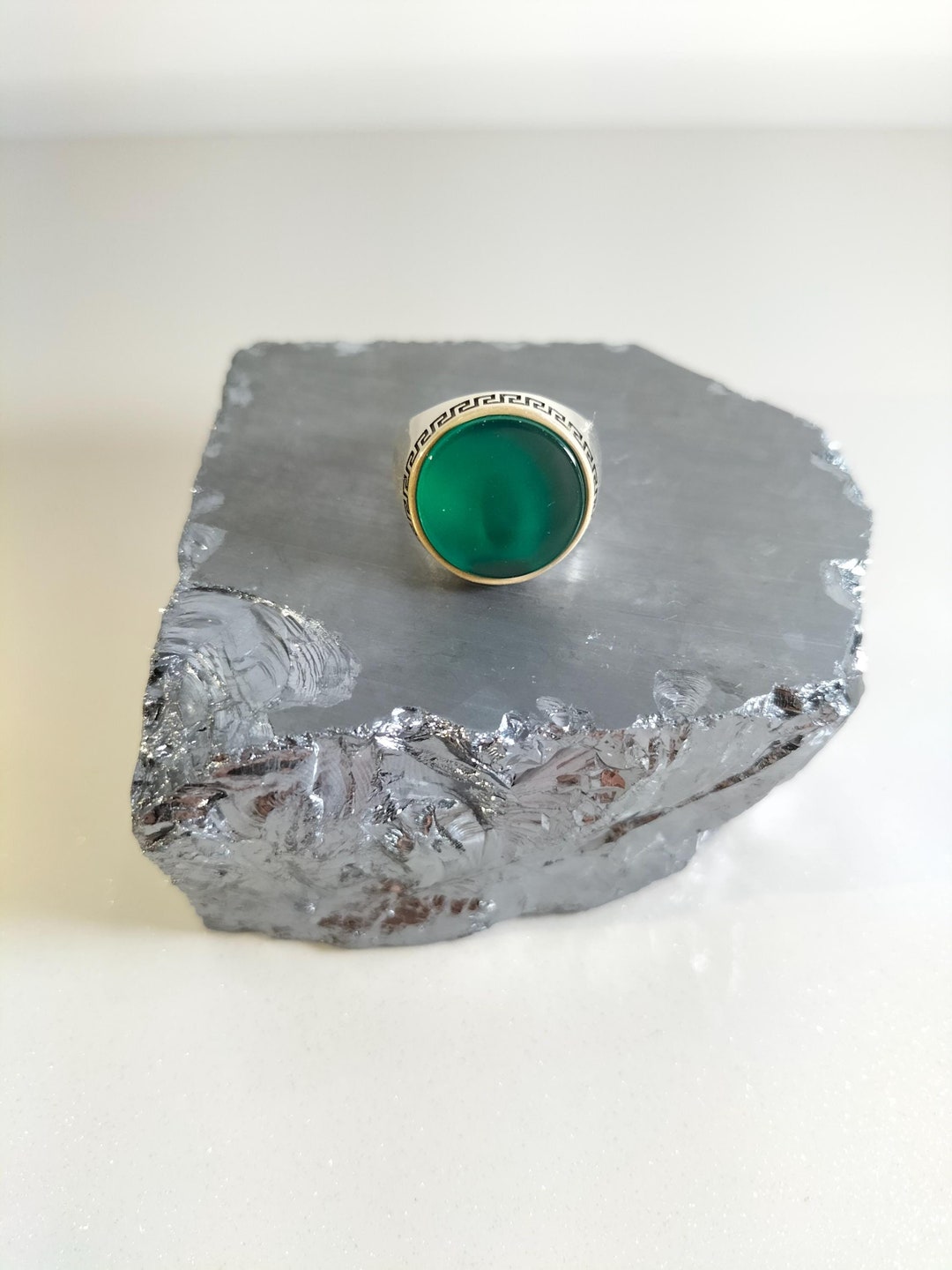 925 Sterling Silver Greek Line Embroidered Green Zircon Stone Men's ...