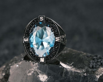 Aquamarine Stone Ring: Handmade 925 Sterling Silver Men's Ring