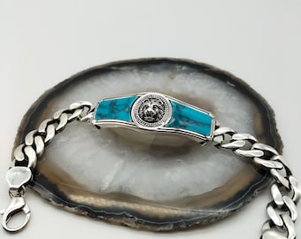 Pure Silver Blue Turquoise Stone Lion Embossed Men&#39;s Bracelet, Silver Men&#39;s Bracelet, Turquoise Men&#39;s Bracelet, Anniversary Gift, Gift Him