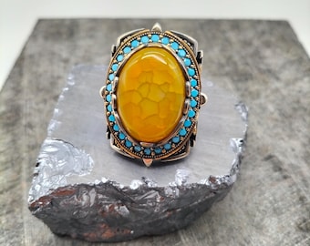 Sterling Silver Turquoise & Yellow Agate Ring - Asu Design