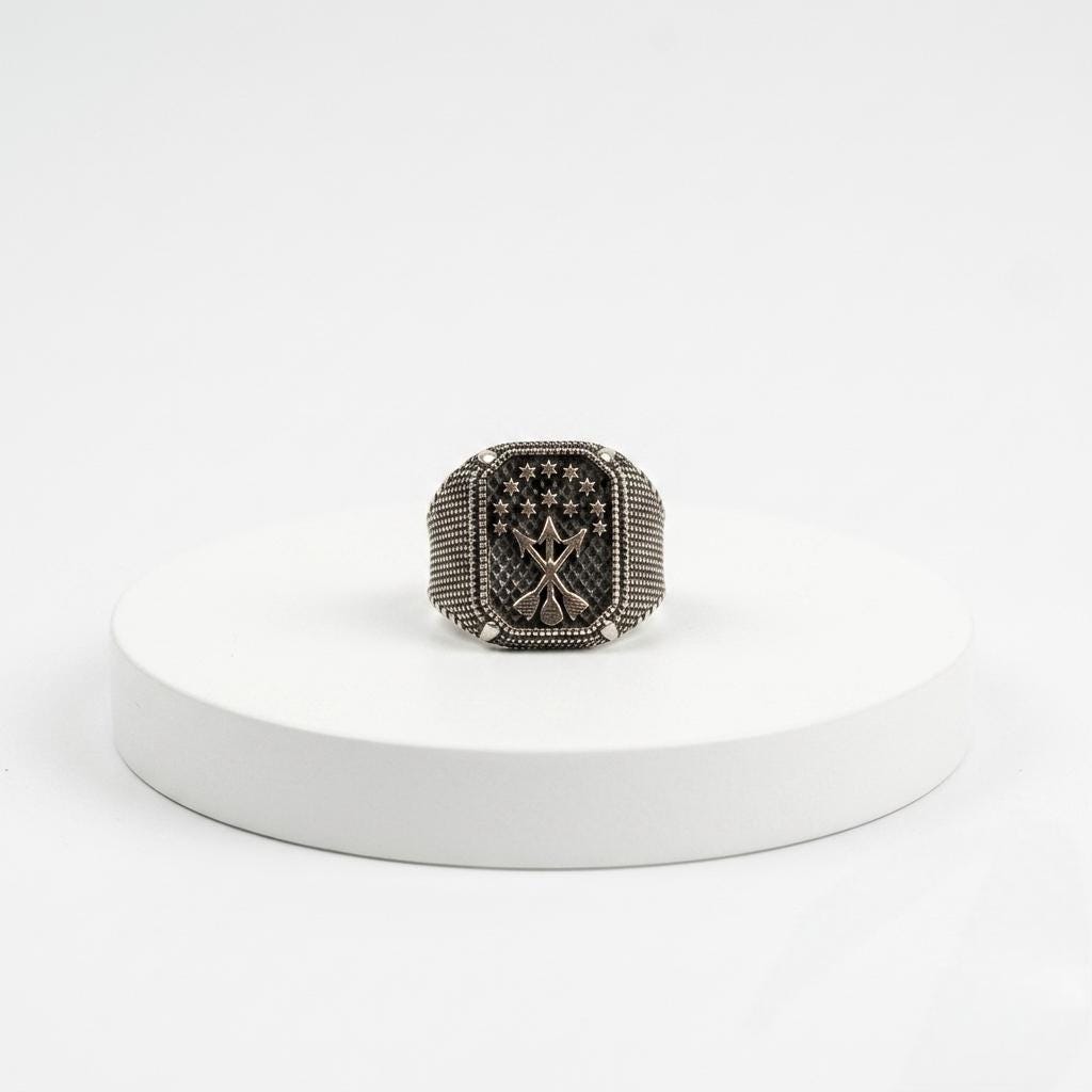 925 Sterling Silver Men's Ring With Circassian Flag Motif, Silver