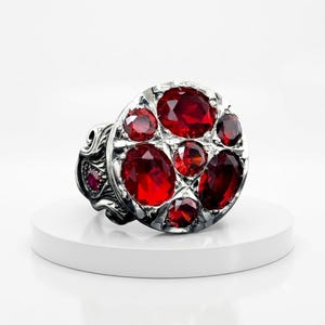 Handmade Red Ruby  Silver Ring, Bold Cluster Statement Ring for Men, Antique Filigree Silver Jewelry, Husband Anniversary Gift