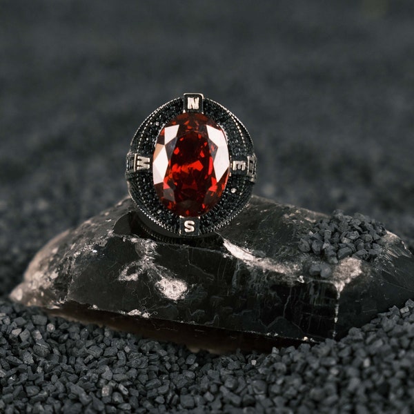925 Sterling Red Zircon Stone Handmade Men's Silver Ring,Gift For Lover,For Men Jewelry