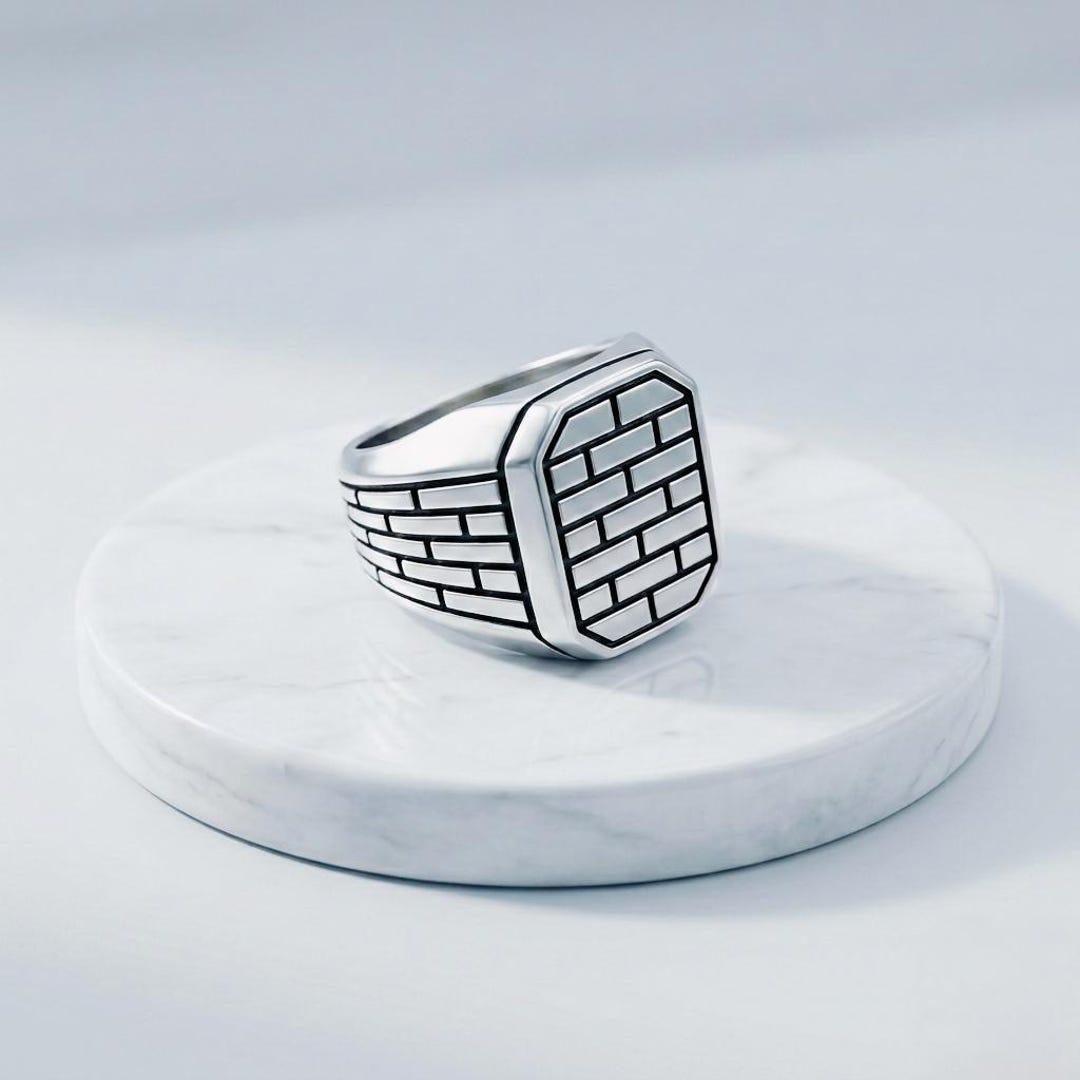 Handmade 925 Sterling Silver Men's Brick Pattern Ring, Geometric