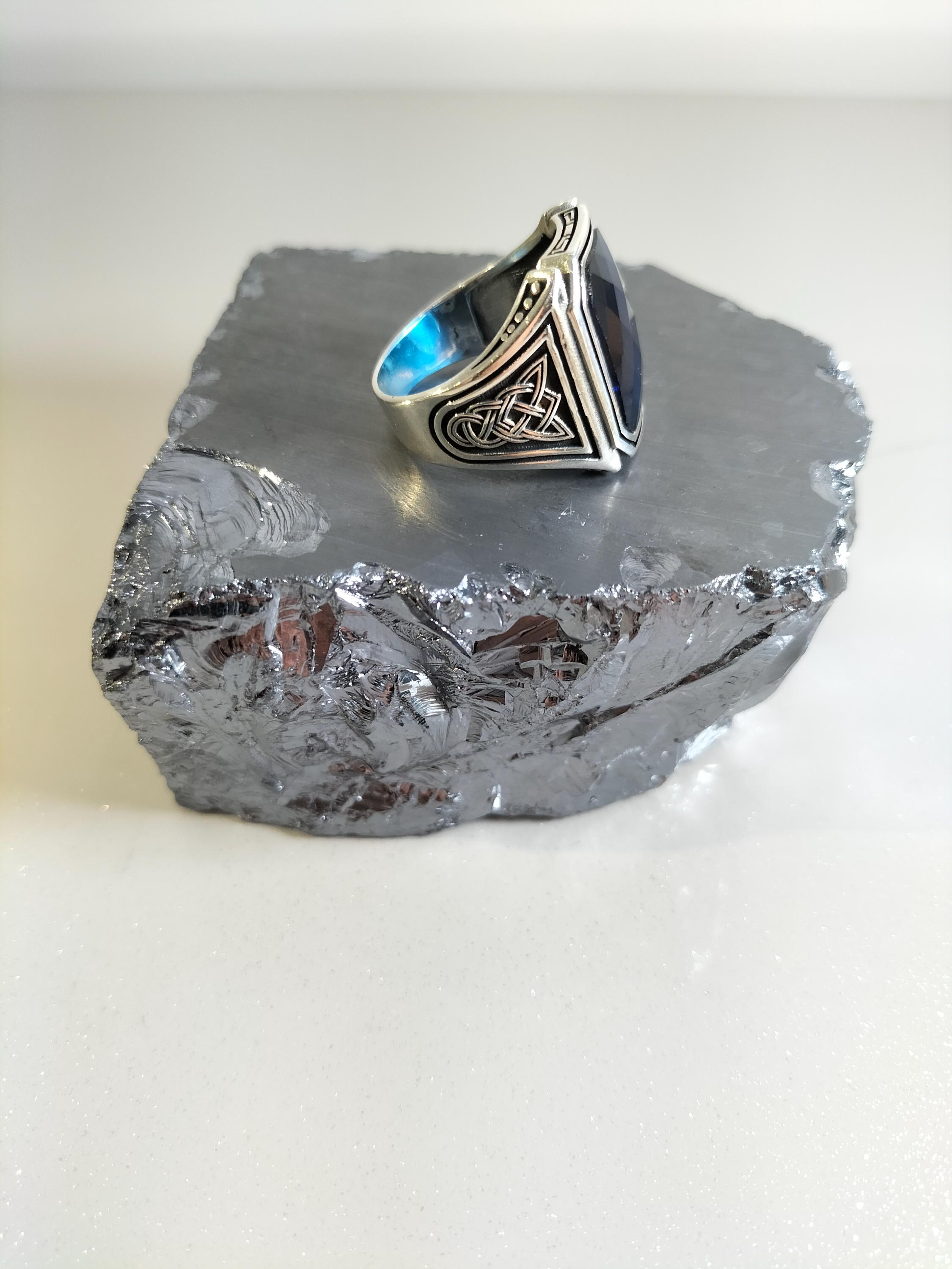 Anello Uomo Argento 925 Con Zaffiro Blu Naturale Fatto A Mano – Stile Sigillo Ovale – Vintage Turchia