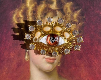 Prächtige goldene Avantgarde-Brosche in Tropfenform mit blauem Auge und brauner Naturperle