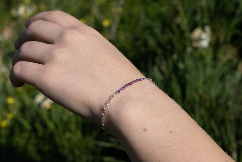 Ruby Silver Beaded Bracelet, Dainty Skinny Gemstone Bracelet, July Birthstone image 6