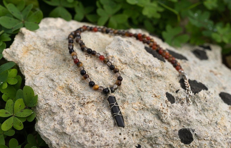 Tourmaline, Smoky Quartz, Tiger Eye and Agate Necklace, Grounding Protection Necklace image 1