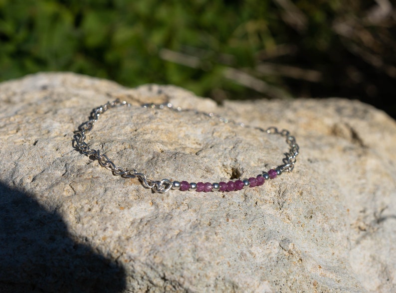 Ruby Silver Beaded Bracelet, Dainty Skinny Gemstone Bracelet, July Birthstone image 5