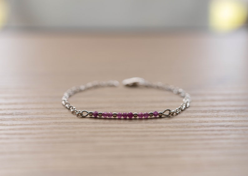 Ruby Silver Beaded Bracelet, Dainty Skinny Gemstone Bracelet, July Birthstone image 3