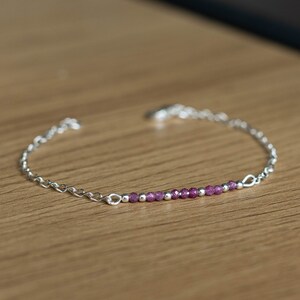 Ruby Silver Beaded Bracelet, Dainty Skinny Gemstone Bracelet, July Birthstone image 1