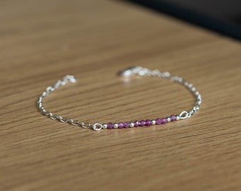 Ruby Silver Beaded Bracelet, Dainty Skinny Gemstone Bracelet, July Birthstone