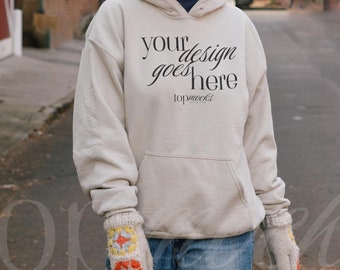 Gildan 18500 Sand Hoodie Mockup, y2k Sweatshirt Hoodie Mockup, Trendy 18500 Mockup, Selfie Mockup, Aesthetic Mockup, Lifestyle Fall Winter