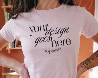 G 5000B Trendy Baby Tee Mockup | Pink Baby Tee Tshirt Influencer Mockup | Trendy Fitted Crop Baby Tee Mockup | Instragram Aesthetic Mockup