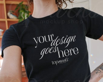 G 5000B Black Baby Tee Mockup, Womens y2k Baby Tee Mockup, Aesthetic Crop Top Baby Tee Mockup, Real Life Mockup, Lifestyle Selfie Mockup