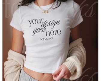 Bella Canvas 1010J2 Baby Tee Crop Top Mockup | Trendy Fitted Baby Tee Cropped Tshirt Mockup | Selfie Instagram Influencer Aesthetic Mockup