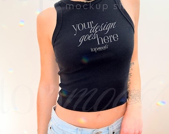 Bella + Canvas 1019 Tank Top Mockup, Womens Racer Tank Mock up, Black Tank Top Mockup, y2k Selfie Mockup, Real Model Mockup, 1019 Mockup