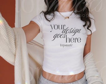 Bella Canvas 1010J2 Baby Tee Crop Top Mockup | Trendy Fitted Baby Tee Cropped Tshirt Mockup | Selfie Instagram Influencer Aesthetic Mockup