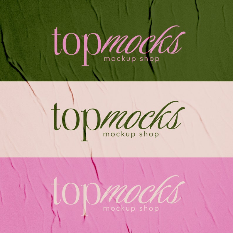 Op de afbeelding: Drie gekreukelde papieren mockups met de tekst "topmocks mockup shop" in roze letters op een groene, beige en roze achtergrond.