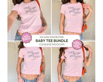 Baby-T-shirt-mockuppaket, Baby-T-shirt-mockup för kvinnor, Baby-T-shirt-mockup 5000 B, Y2K Selfie-mockup, Estetisk Rosa Pinterest-modeller för riktiga livsstilar