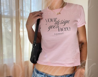 Gildan 5000B Baby Tee Mockup, y2k Womens Baby Tee Mockup, G 5000B Pink Trendy 90s Baby Tee Mockup, Real Model Mockup, Y2K Baby Tee Mockup