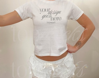 Baby-T-shirt-modell 5000B, Gildan 5000b baby-T-shirt-modell, Gildan 5000B-modeller, Vit baby-T-shirt-modell för kvinnor, Coquette-modell, Real Model-modeller
