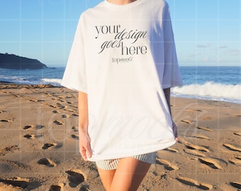 Gildan 5000 Mockup, G5000 Tshirt Mockup, Beach Tshirt Mockup, White Gildan 5000 Oversized Mockup, Beach Mockup, Aesthetic Real Model Mockups
