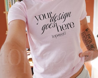 G 5000B Trendy Baby Tee Mockup, Womens y2k Baby Tee Mockup, Aesthetic Crop Top Baby Tee Mockup, Real Life Mockup, Lifestyle Selfie Mockup