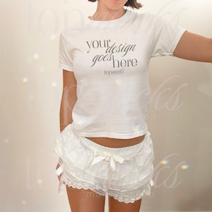 Baby Tee Mockup 5000B, Gildan 5000b Baby Tee Mockup, Gildan 5000B Mockups, White Womens Baby Tee Mockup, Coquette Mockup, Real Model Mockups