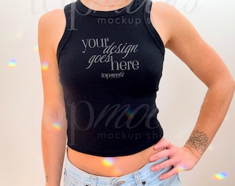 Bella + Canvas 1019 Tank Top Mockup, Womens Racer Tank Mock up, Black Tank Top Mockup, y2k Selfie Mockup, Real Model Mockup, 1019 Mockup