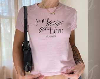 Gildan 5000B Baby Tee Mockup, y2k Womens Baby Tee Mockup, G 5000B Pink Trendy 90s Baby Tee Mockup, Real Model Mockup, Y2K Baby Tee Mockup
