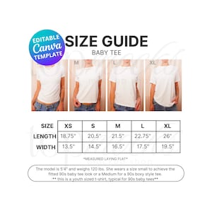 以下が含まれることがあります： ベビーTシャツのサイズチャートで、XS、S、M、L、XLのサイズに対応するインチ単位の寸法が示されています。チャートには、各サイズの着丈と身幅が平置きで測定されたものが表示されています。